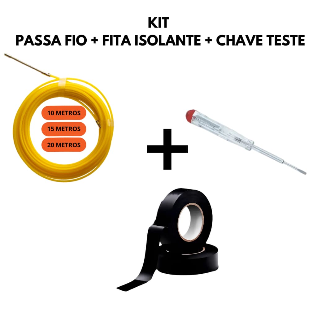 Kit Elétrico Guia Passa Fio com Alma de Aço Vedah 10m 15m 20m + Fita Isolante + Teste de Energia