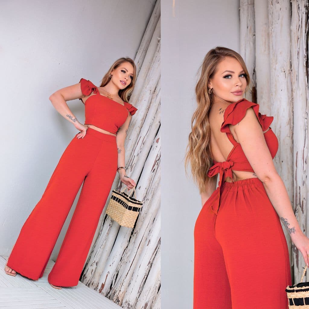 Conjunto Feminino Elegante de Luxo Calça Pantalona Fenda Lateral