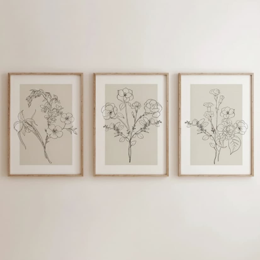 Quadro decorativo floral minimalista 3 peças