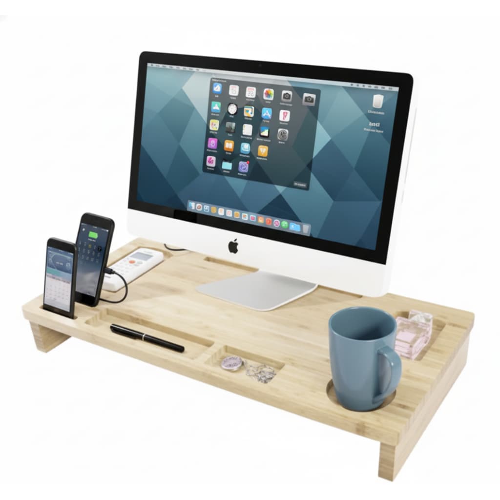 Suporte Ergonômico para Monitor | Base Organizadora de Mesa em Madeira | Eleva o Monitor PC/Notebook | Com Nichos para C