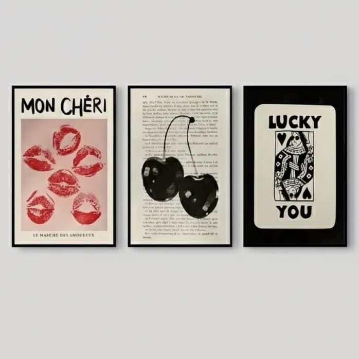 Quadros decorativos Quadros decorativos Lucky You cereja beijo carta aesthetic (3 peças)