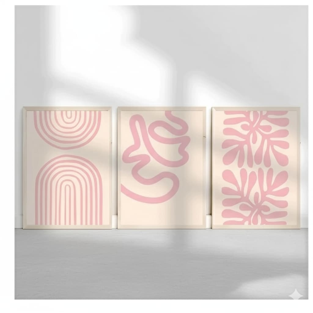 Quadros decorativos Boho estilo abstrato parede poster, bege, rosa, cor neutra (3 peças)
