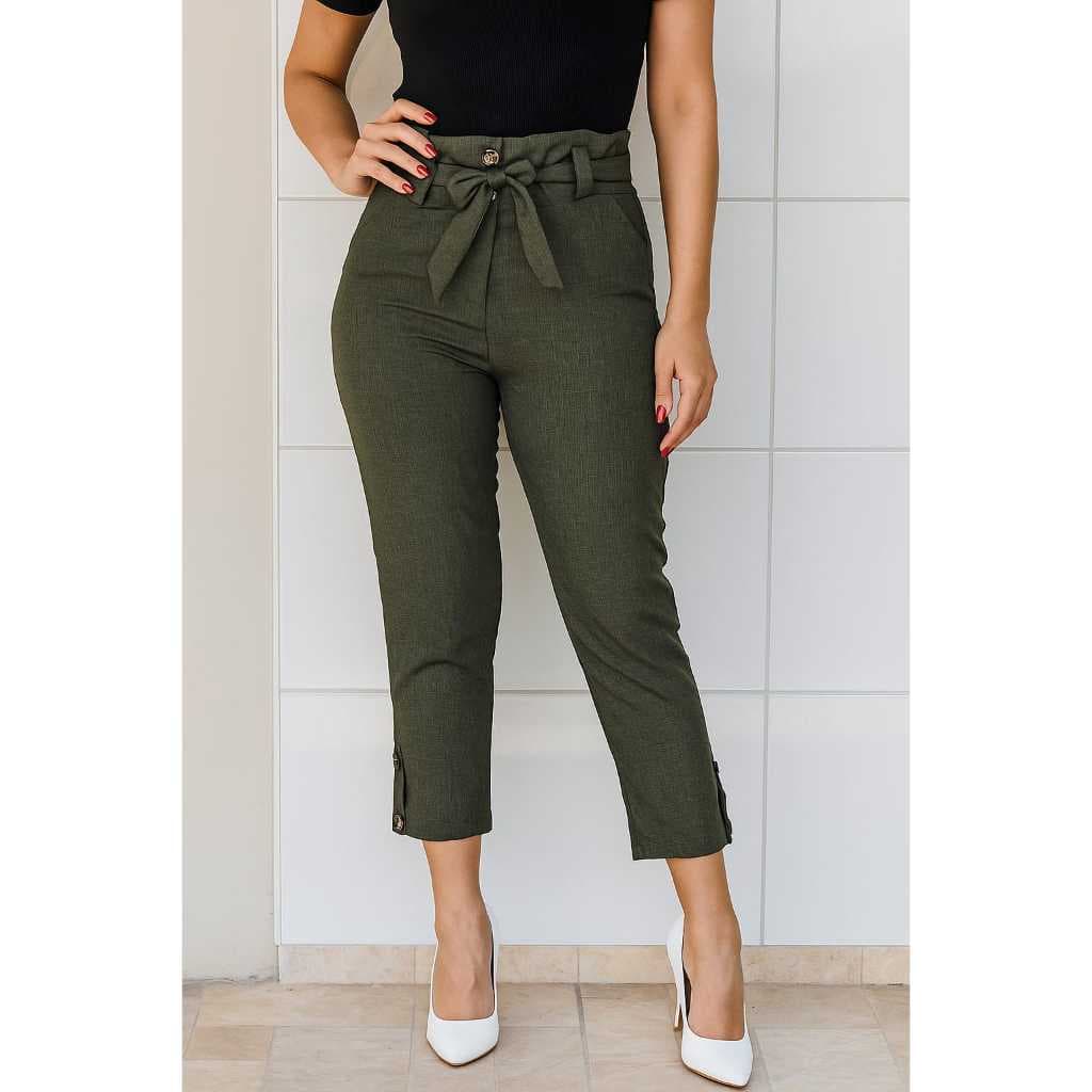 Calça feminina Social Premium  Panta Curt Cintura Alta com Botão, Cinto do Tecido linhao