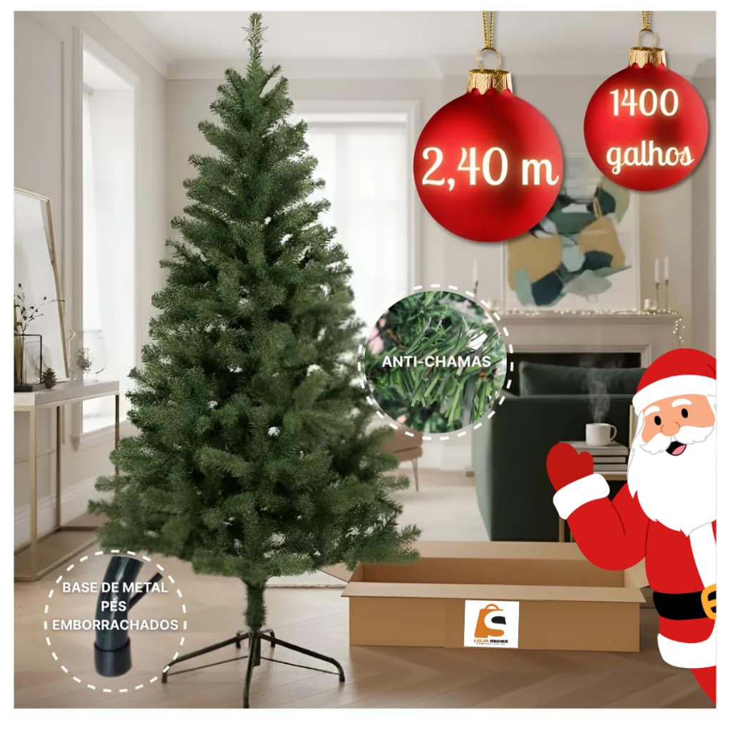 Árvore De Natal Pinheiro Artificial Verde Premium 2,40m 1400  Base Com 1,20M de Diâmetro Natalino Luxuosa Canadense