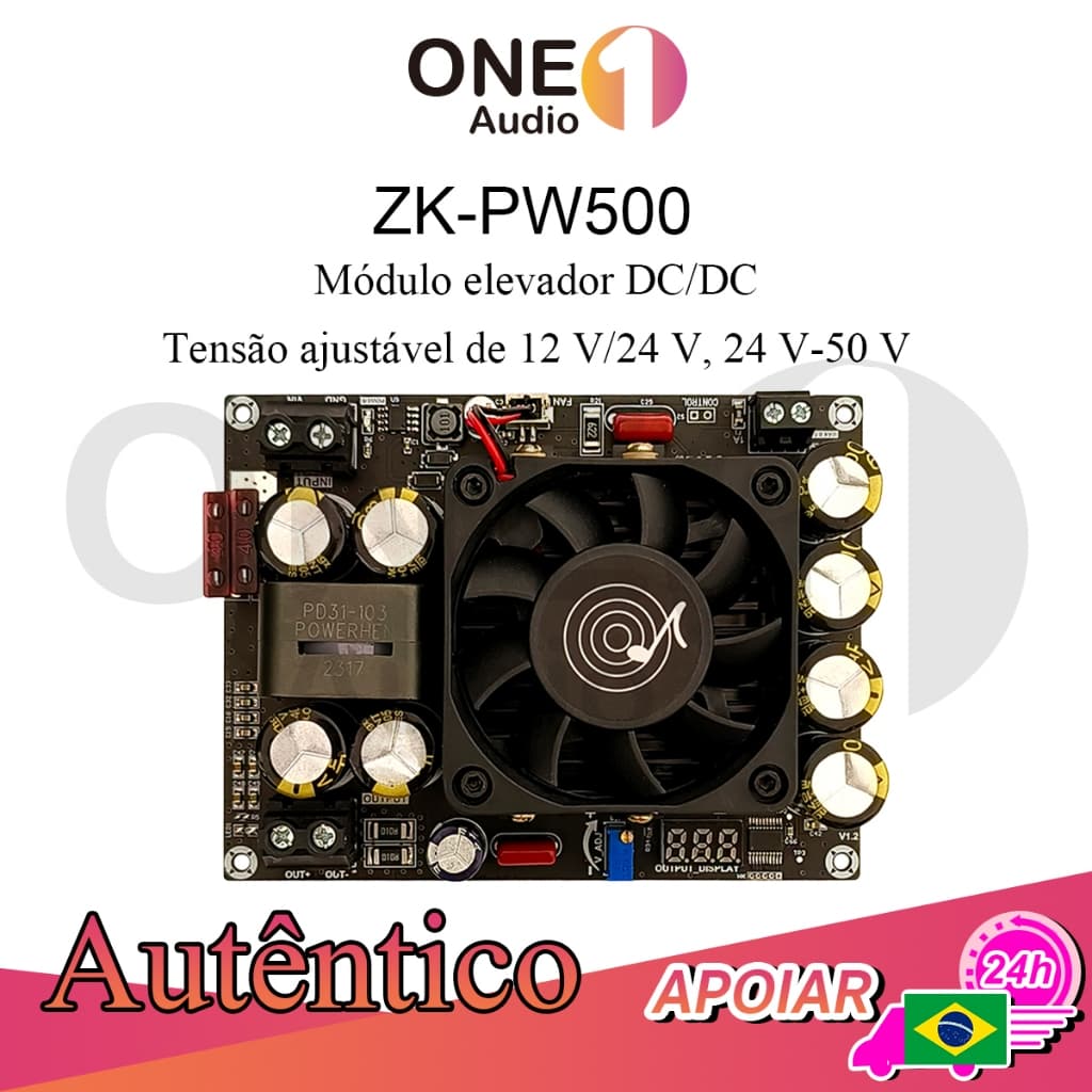 OneAudio ZK-PW500 Conversor DC-DC Boost 500W 11–27V para 50V Alta Eficiência com Ventoinha Automática