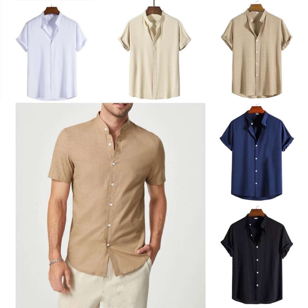 Camisa masculina gola pastor social casual Viscolinho algodão manga curta moda luxo