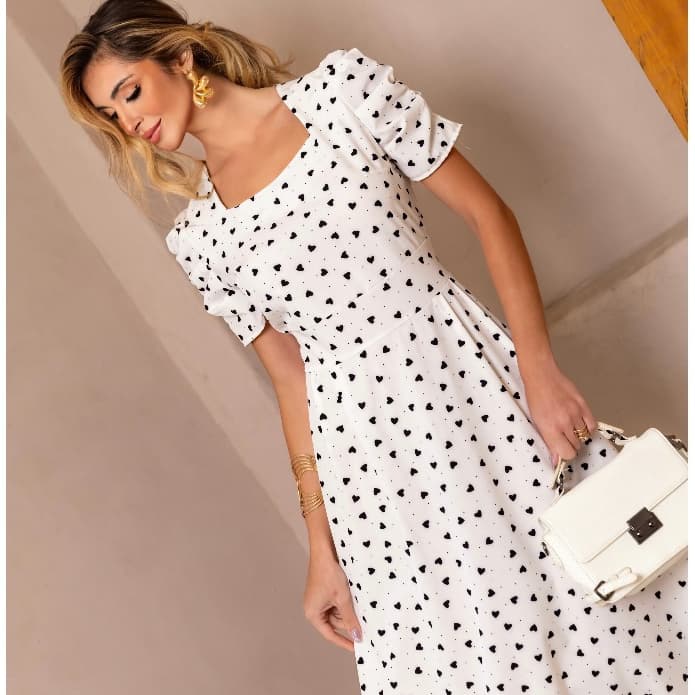 VESTIDO MIDI LONGO Evangelico Feminino Manga Princesa Bufante Decote Quadrado Coração Festas Inverno