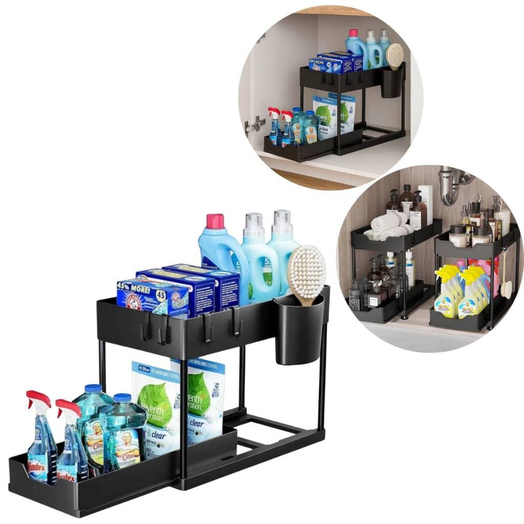 Organizador 2 Andares Preto Corrediça Gaveta Deslizante Porta Temperos Banheiro Cozinha Pia Armário Plástico Compacto
