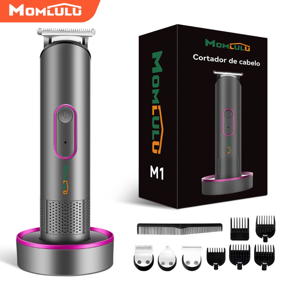 MOMLULU M1 Máquina de Cortar Cabelo e Aparador de Barba Sem Fio com Base 12 em 1 Mudo À Prova d’Água e Recarregável
