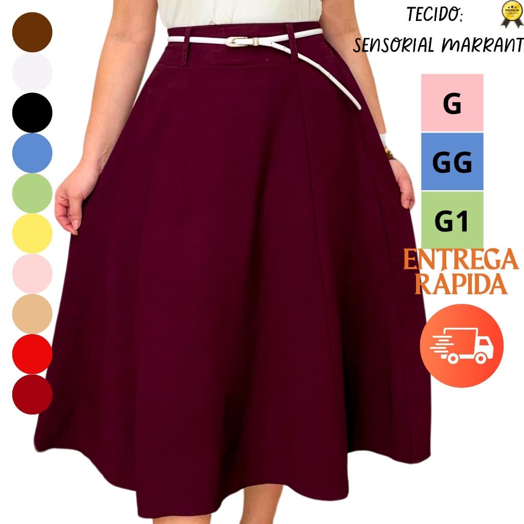 Saia Midi Godê Rodada Evangélica Tecido Sensorial Marrant Plus Size M G GG G1 G2 G3