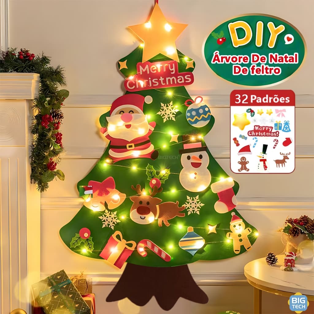 Árvore De Natal Em Feltro Decoraçãode De Parede Pendurado Enfeites Com 32 Apliques E Luzes LED Christmas Decorations