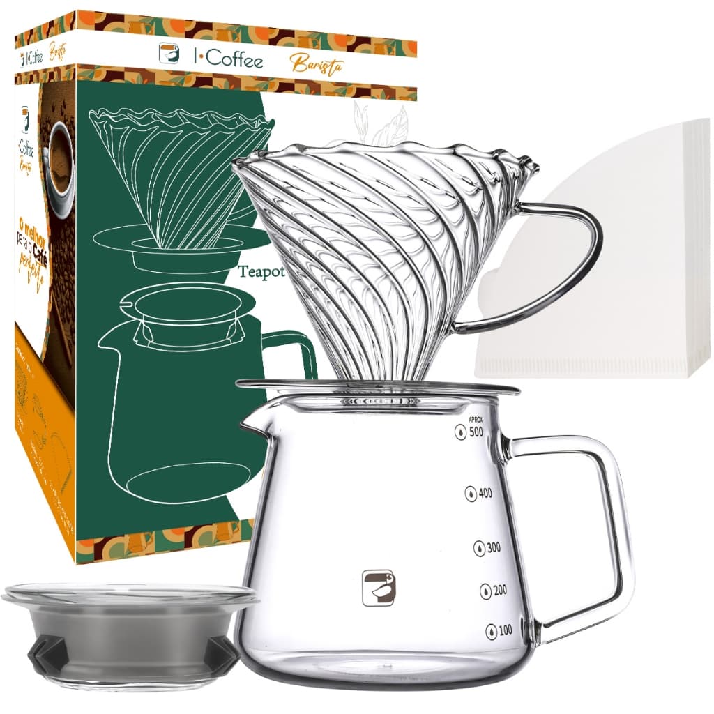 Kit Cafeteira Manual V60-02, de Filtro - Jarra de Vidro + Tampa + Suporte Filtro +  50 Filtros
