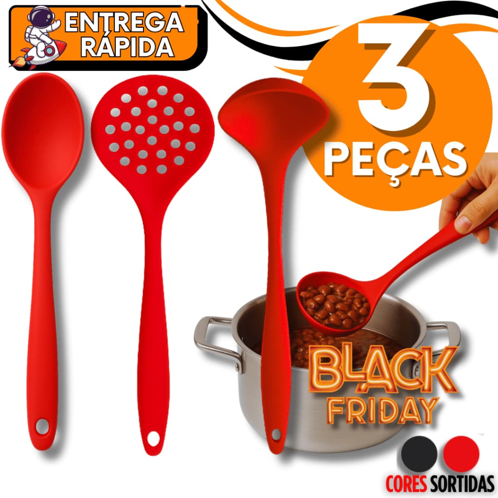 Kit 03 Unidades Utensílios de Silicone Premium - Concha Multiuso Escumadeira Resistente Colher de Arroz Casa Cozinha