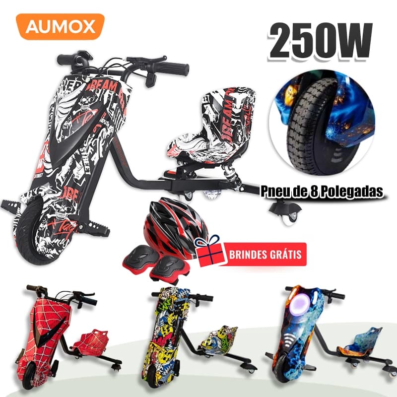 Drift Triciclo Elétrico 350W Bluetooth, LED 3V, Bateria 42V 5.4AH, Pneu de 8 Polegadas com Suspensão