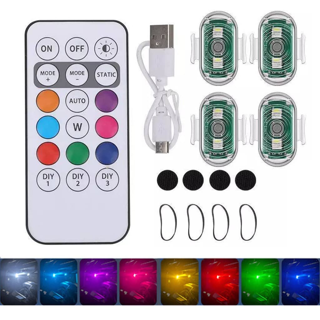 4 PÇS Luz LED RGB Strobe à Prova d'Água | Controle Sem Fio, 8 Cores - Moto/Carro/Drone, USB Mini, Indicador Seguro