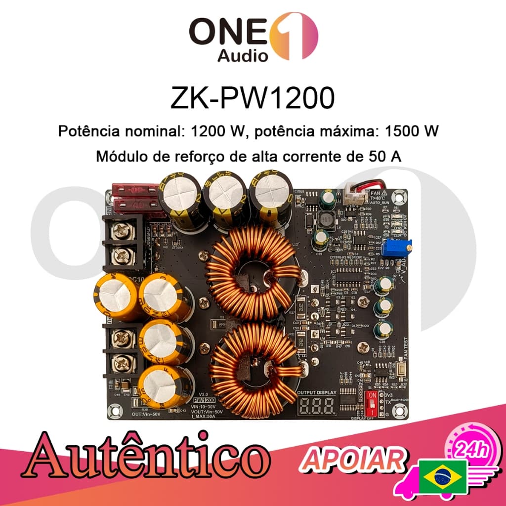OneAudio Módulo Conversor DC-DC Boost 50A 1200W PW1200W – Edição Especial com Display LED e Ventoinha Automática