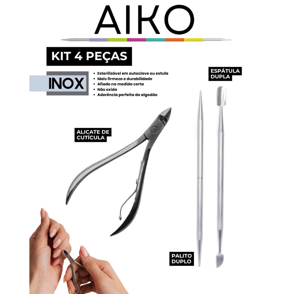Kit Alicate de Unha Cutícula + Espátula Dupla + Palito Em Aço Inox