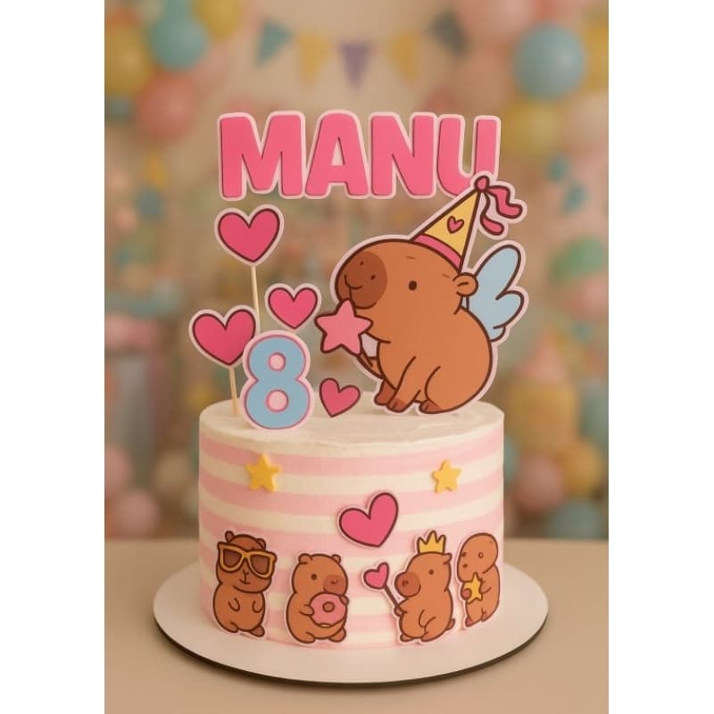 Topo de Bolo Capivara Rosa Fofo – Personalizado com Nome e Idade | Tema Infantil Menina