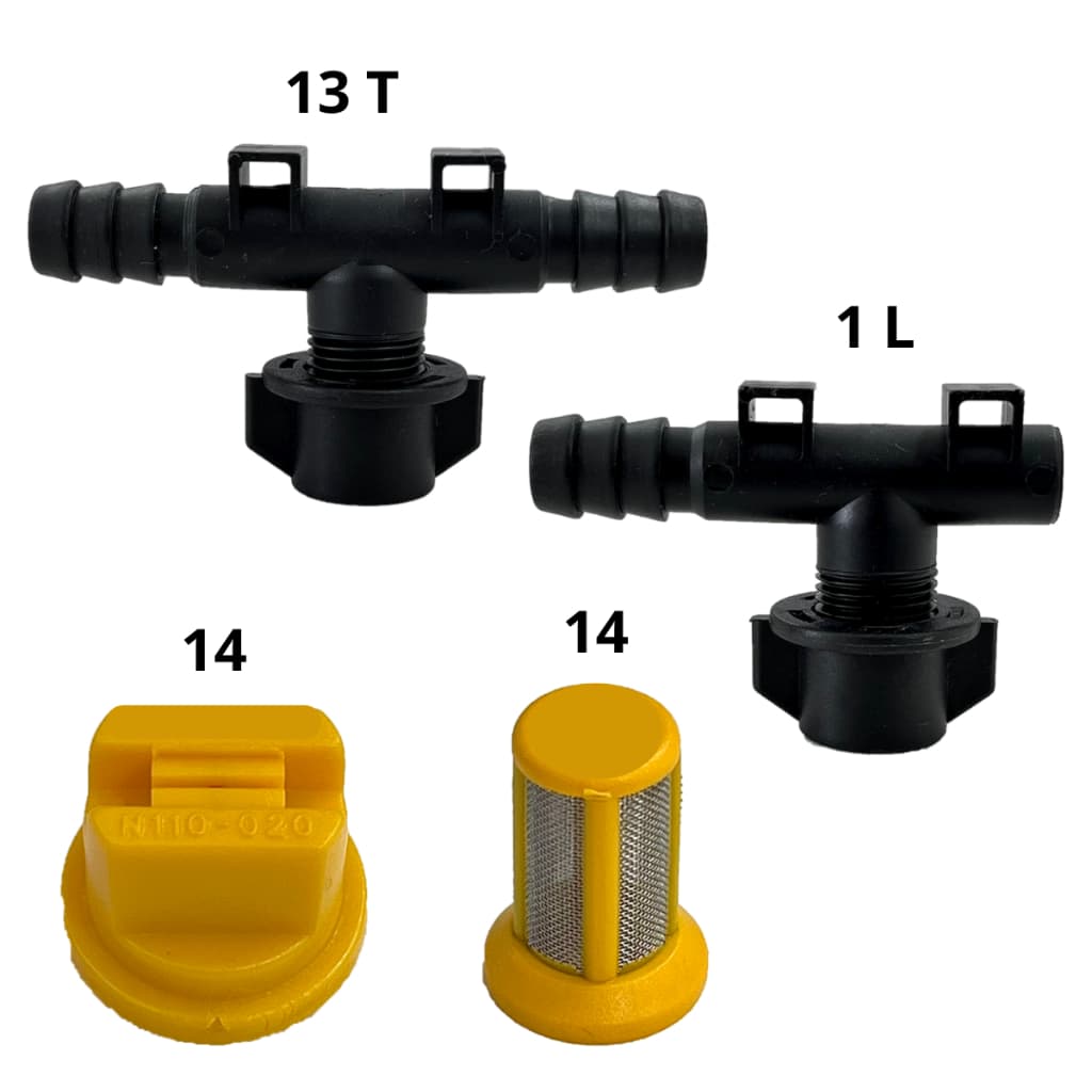 Combo Porta Bico Tipo Jacto Para Mangueira de 1/2 Com 13 T + 1 L + 14 Bicos Leque + 14 Peneiras