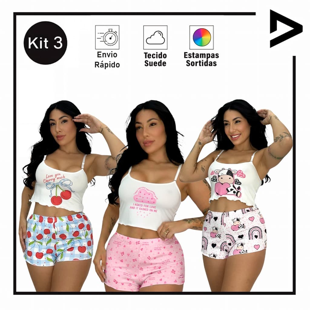 Kit 3 Baby Doll Pijama Adulto Feminino Alcinha Cropped Short  Blogueira Ondinha Estampado