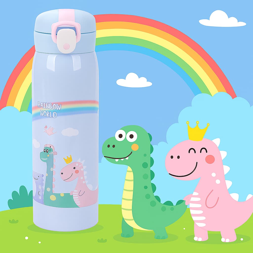 Garrafa Térmica Infantil Dinossauro Colorida Rainbow 350ml 500ml Escolar Inox