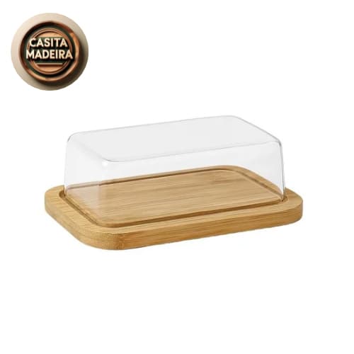 Manteigueira de Bambu Tampa Acrílica Porta Manteiga Frios 19cm