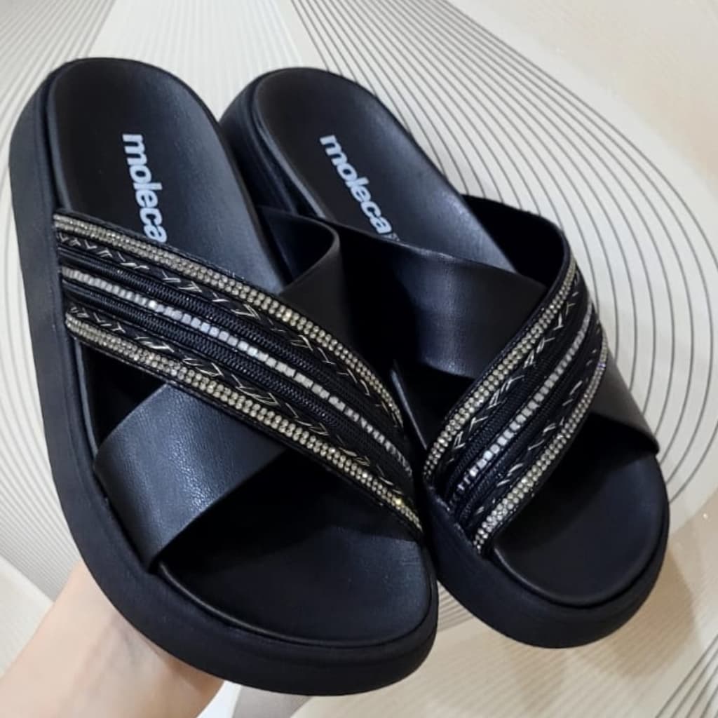 Sandália Feminino Papete Moleca 5469.138 Casual  Multi Preto /Nude/Branco Off