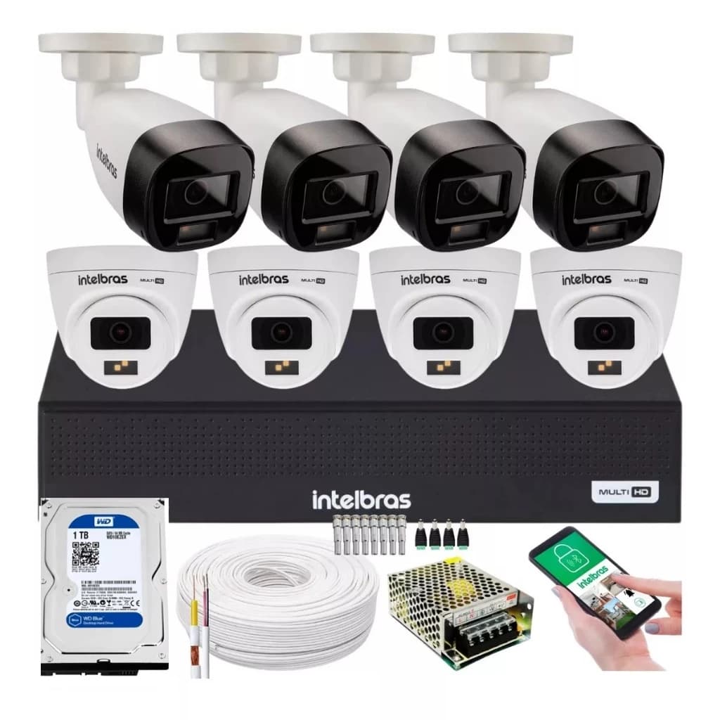 Kit 8 Cam Intelbras 3220 Full Color C/ Audio, Dvr 8ch, 1Téra