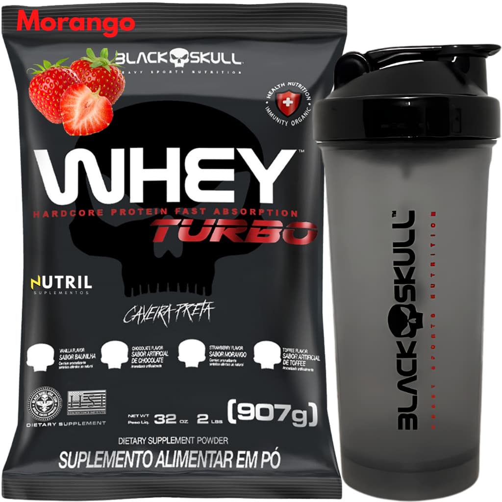 Whey Protein Concentrado TURBO 907g + Coqueteleira Fumê 600ml - Kit Black Skull Whey Para Ganho de Massa Muscular