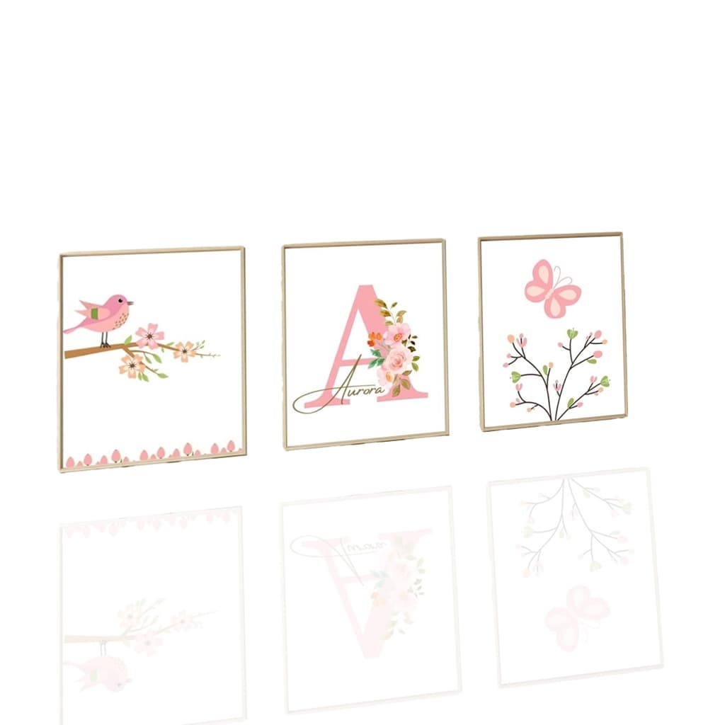 Kit de Quadros para Quarto de Menina Jardim Borboleta Nome Passarinho Infantil Rosa
