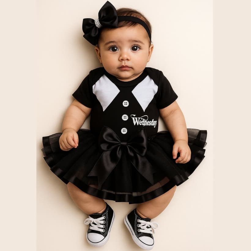 Body Fantasia Bebê Wandinha Família Adams Mesversário com Saia & Laço & Tênis Kit Completo