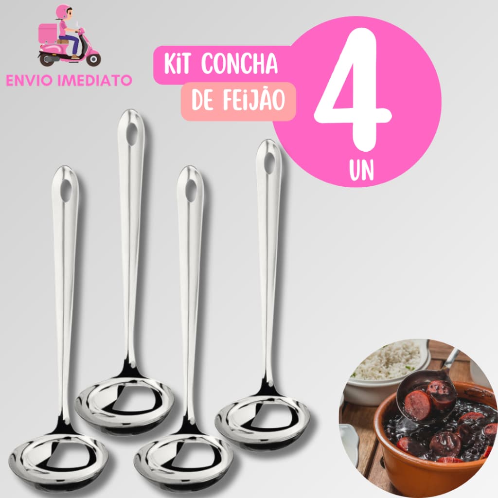 KIT 4 Concha de Feijão Aço Inox  Resistente para Servir Molho Feijão Sopa Casa Restaurante Buffet
