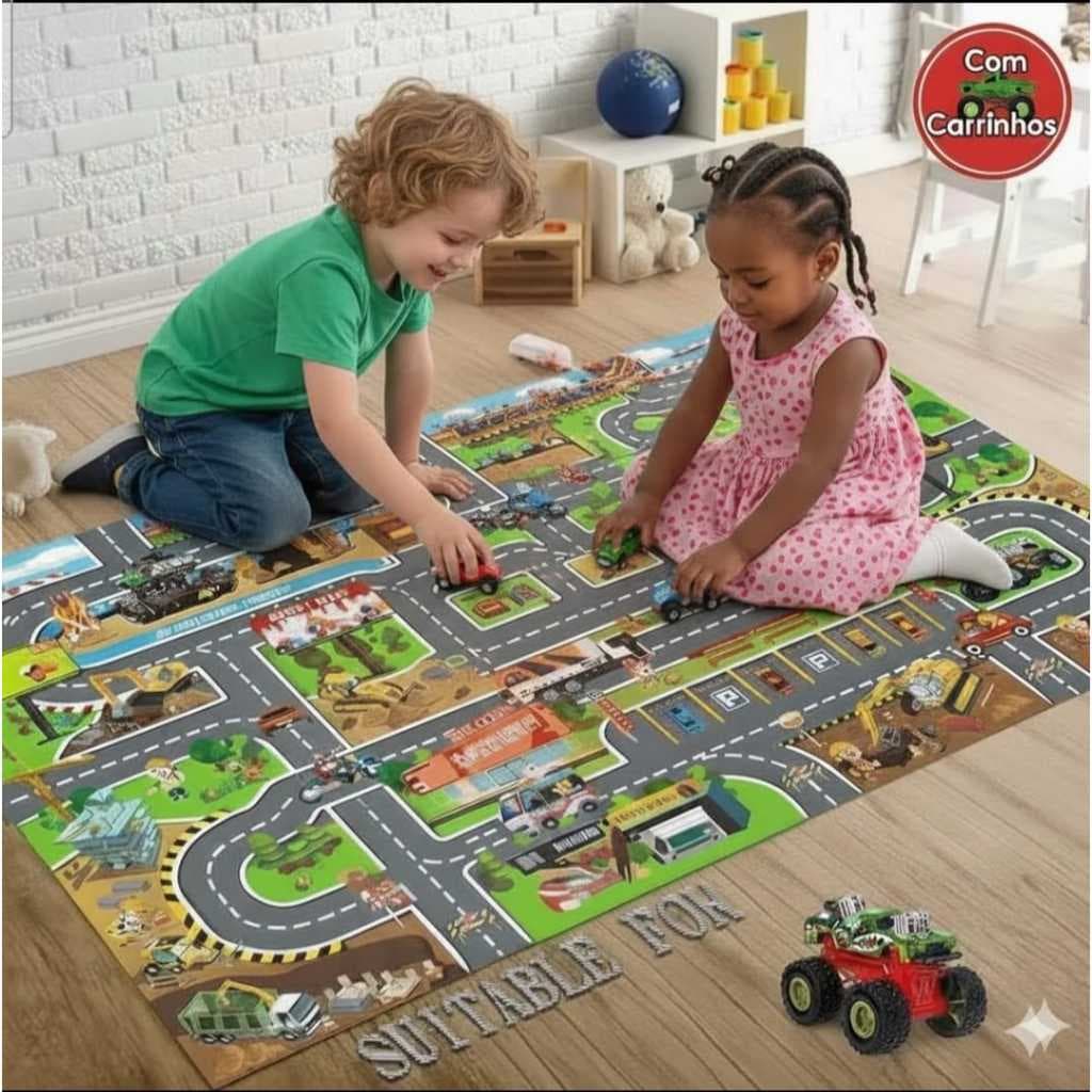 Tapete Infantil Cidade com Carrinhos Acessórios Trânsito Brinquedo Educativo Faz de Conta Criativo