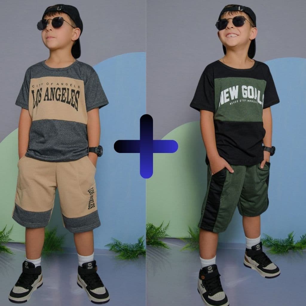 Kit Com 2 Conjuntos Menino infantil Juvenil Estiloso Verão Camisa Bermuda Veste Do 2 Ao 12 Anos