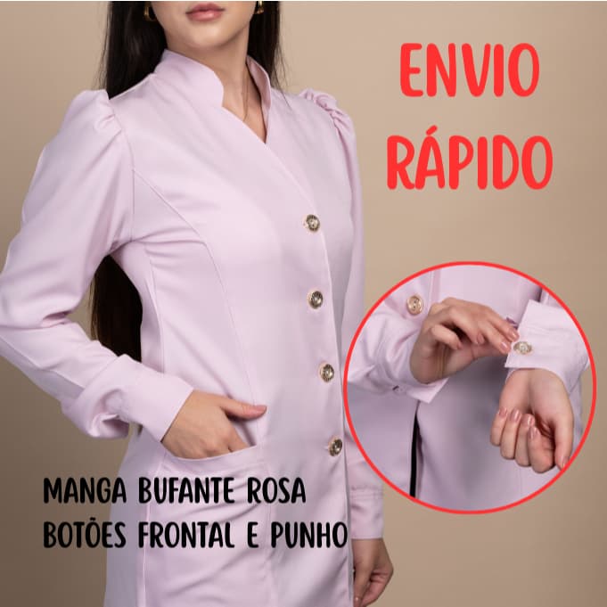 Jaleco Feminino Manga Bufante Rosa Giz com Botões ENVIO RÁPIDO