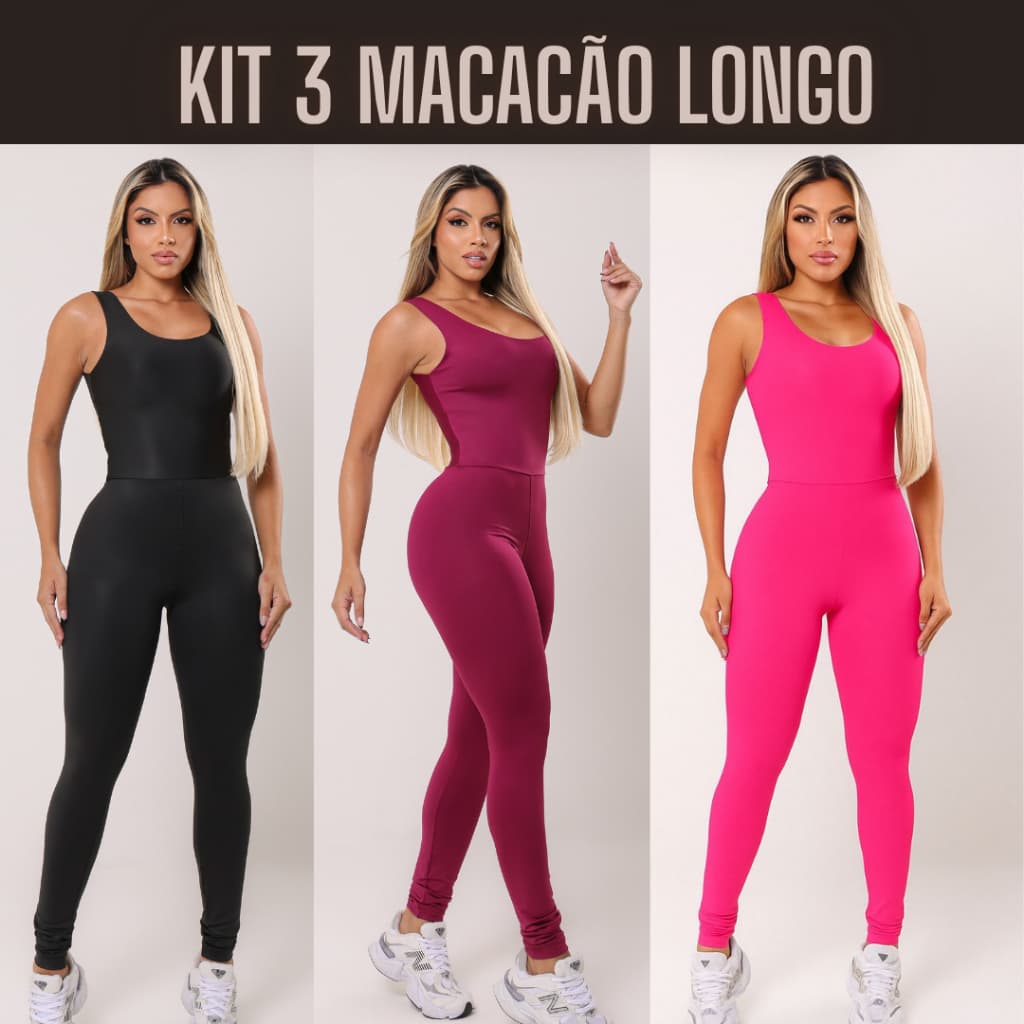Kit 3 Macacão Longo Fitness Feminino Academia Treino Musculação Sem Transparência
