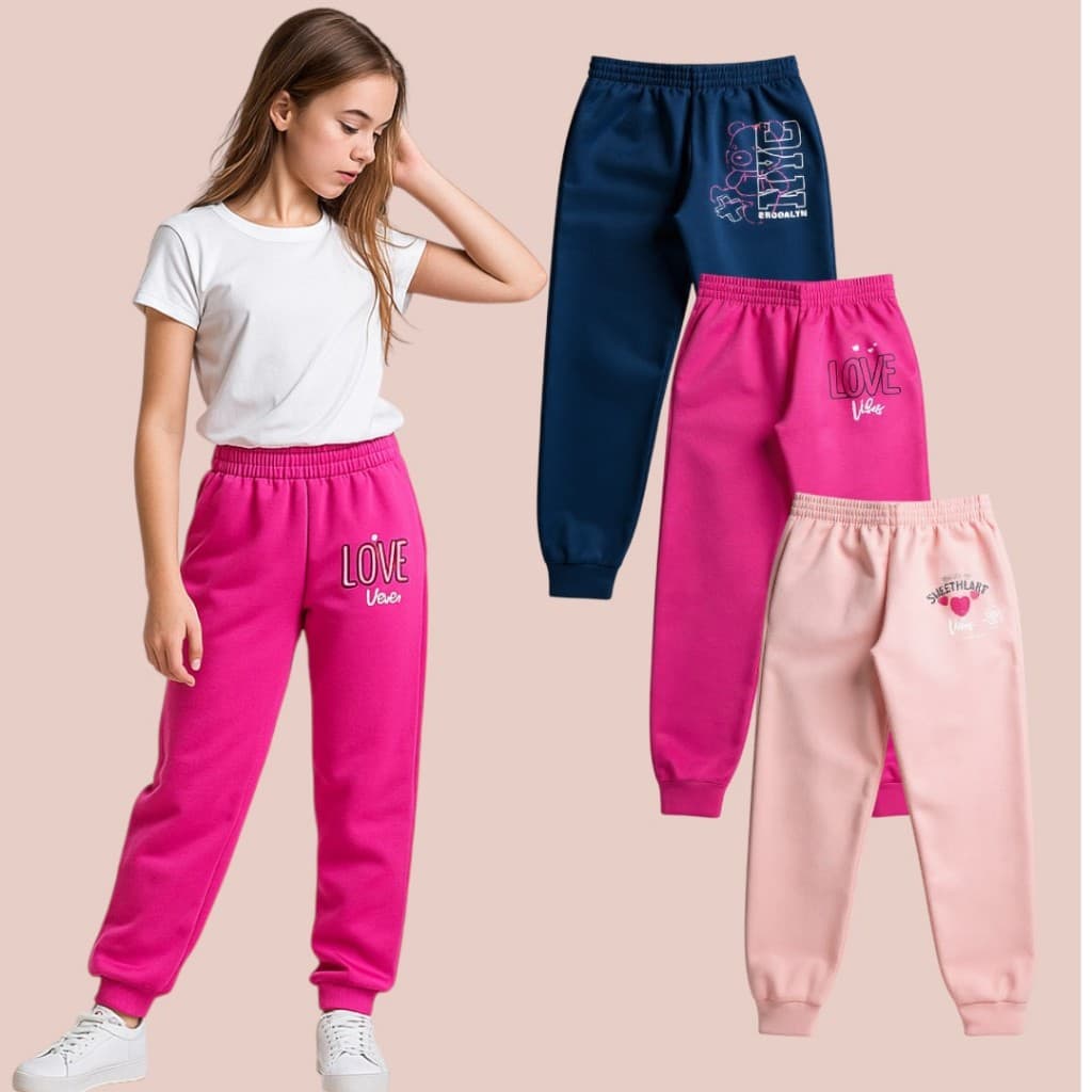 Kit 3 Calça Infantil Menina Moletom Felpado Estampado Roupas Feminina Inverno