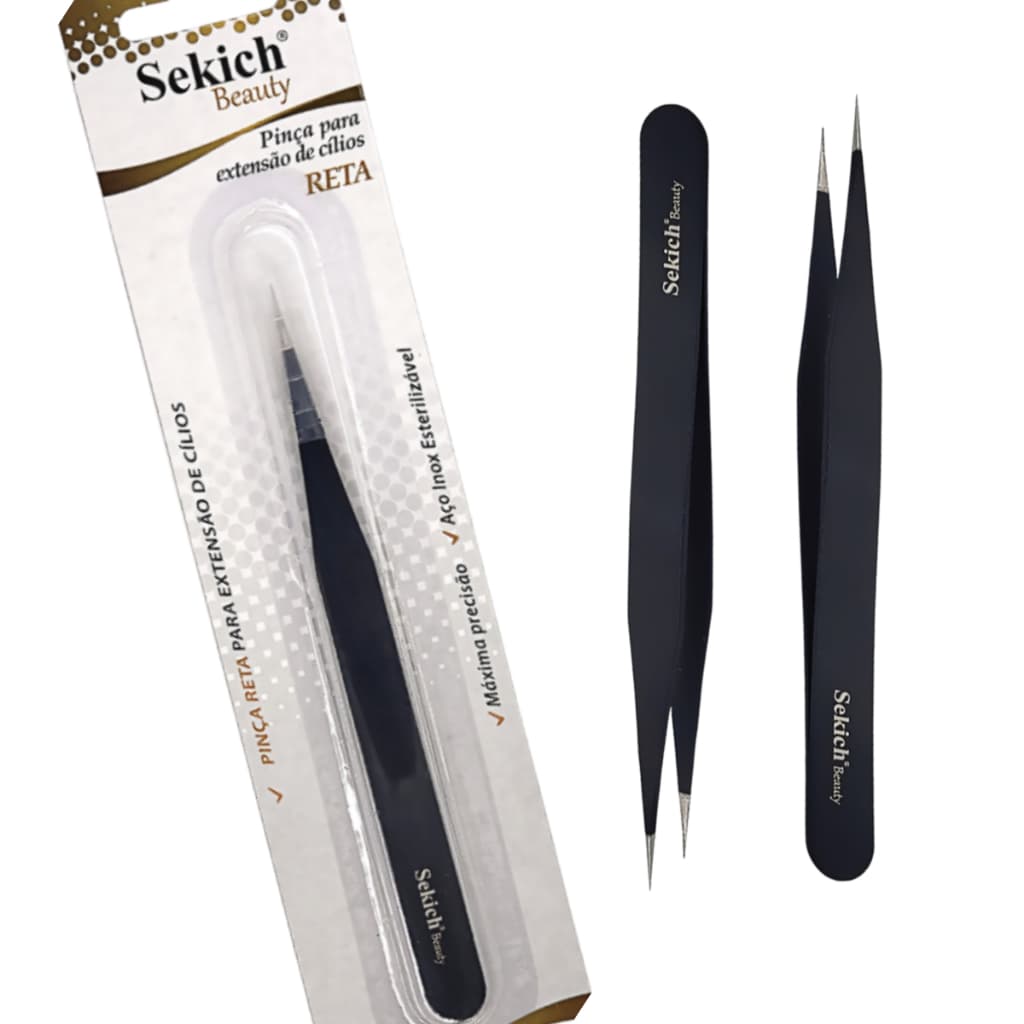 Kit 2 Pinças Profissionais Sekich Beauty Inox Precisão Máxima para Cílios, Sobrancelhas Estética Facial