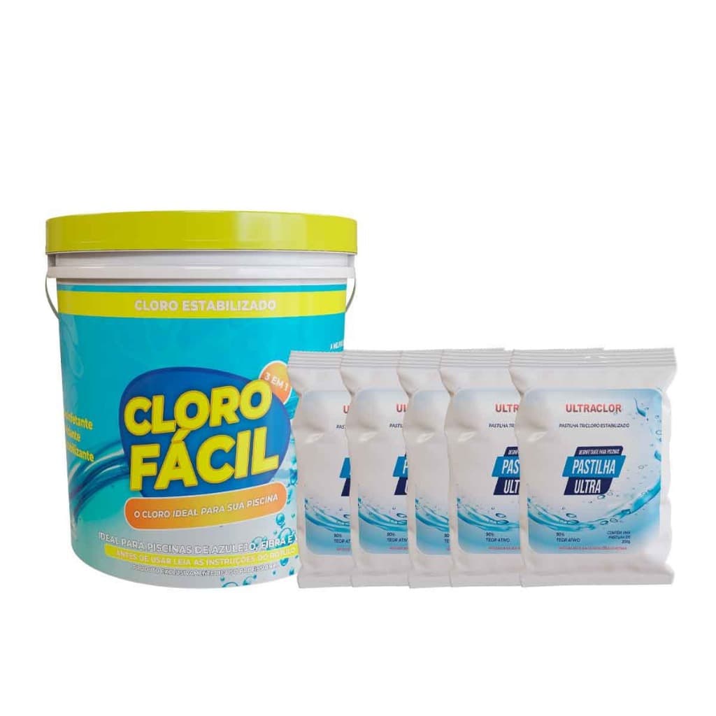 Kit Balde Cloro Facil 10kg + 5 Pastilhas de Cloro 90% Ultraclor