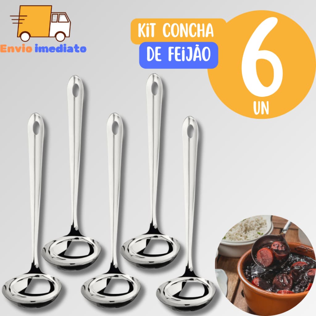 KIT 6 Concha de Feijão Aço Inox Resistente Serve Molho Feijão Sopa Caldos Casa Restaurante Buffet
