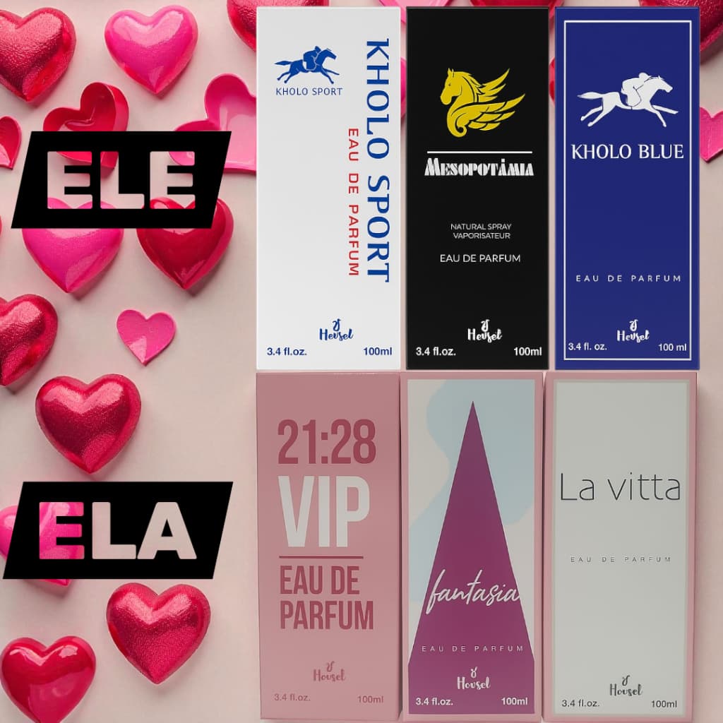 Kit Presente com 6 Perfumes 100ml Hevsel– Para Casal | 3 Femininos + 3 Masculinos | Alta Fixação | Aproveitem a promoção