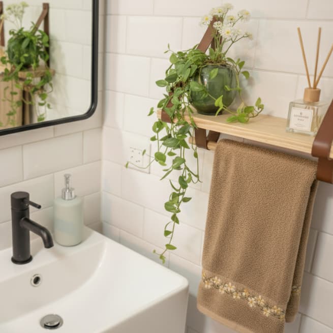 Prateleira de Madeira e Alças de Couro Suporte Para Toalha de Rosto Decoração Banheiro | Casa Madêco