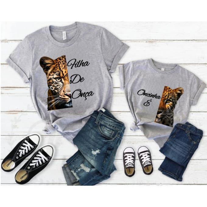 KIT personalizado TAL MÃE TAL FILHA  "FILHA DE ONÇA...ONCINHA É ''   INFANTIL E ADULTO P/G4