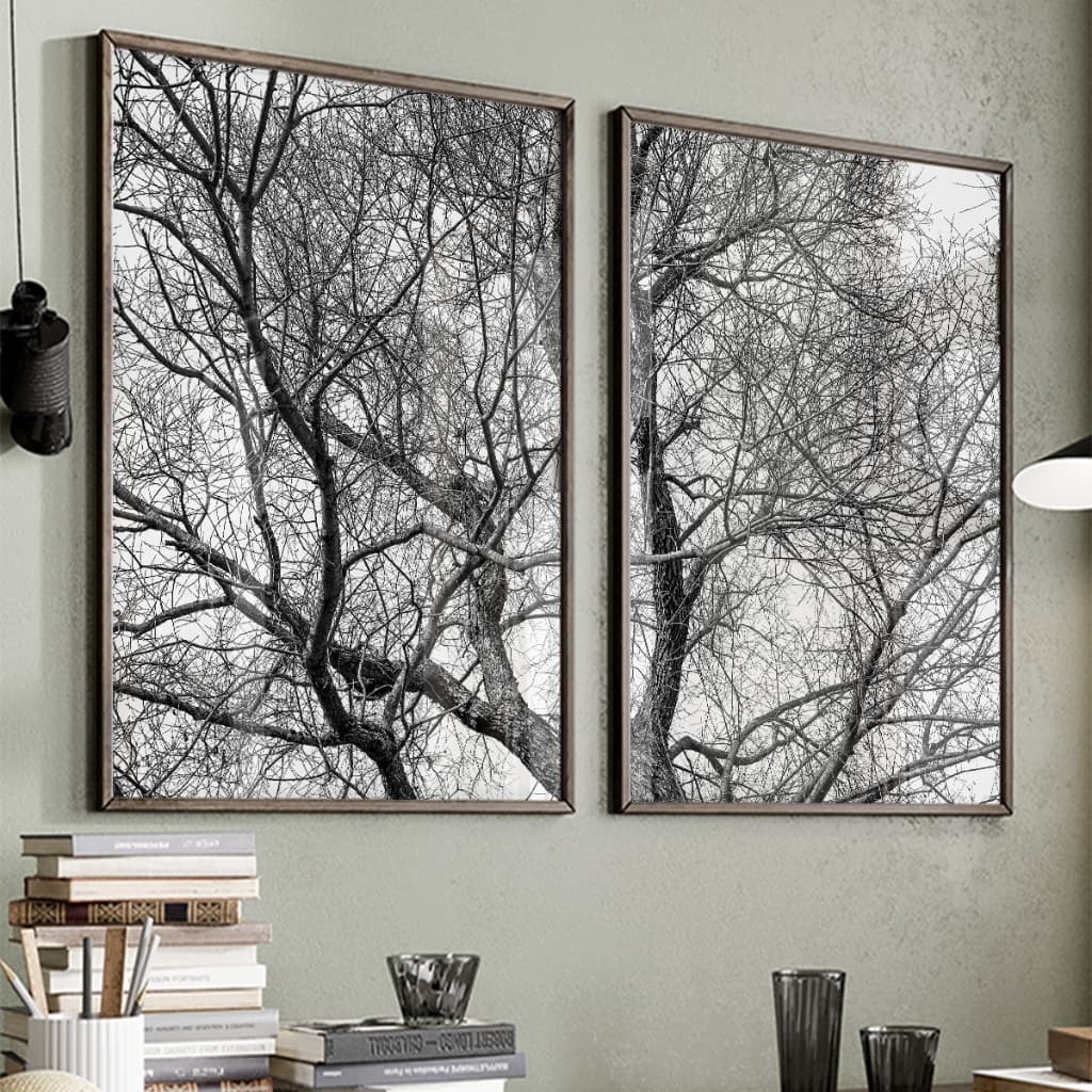 Kit 2 Quadros Decorativos com Moldura Sala Quarto Duo Galhos de Árvore Seca Preto e Branco Vidro