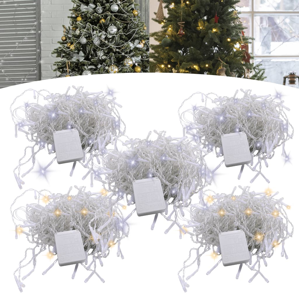 Kit 5 Cordão Pisca Natal 100Leds 9 Metros  Fio Transparente 8 Funções Ideal para Decoração Natalina