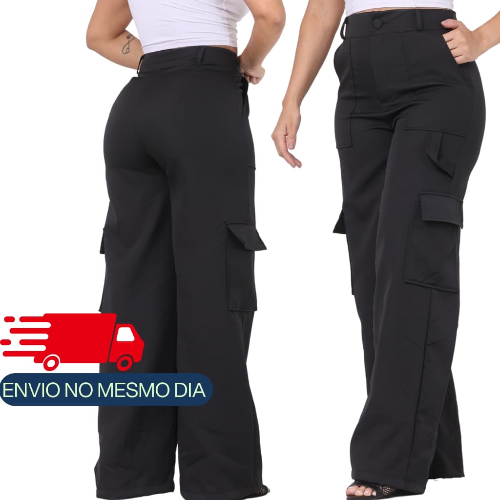 Calça cargo alfaiataria Feminina Pantalona Wide Leg Bolsos Cós Alto