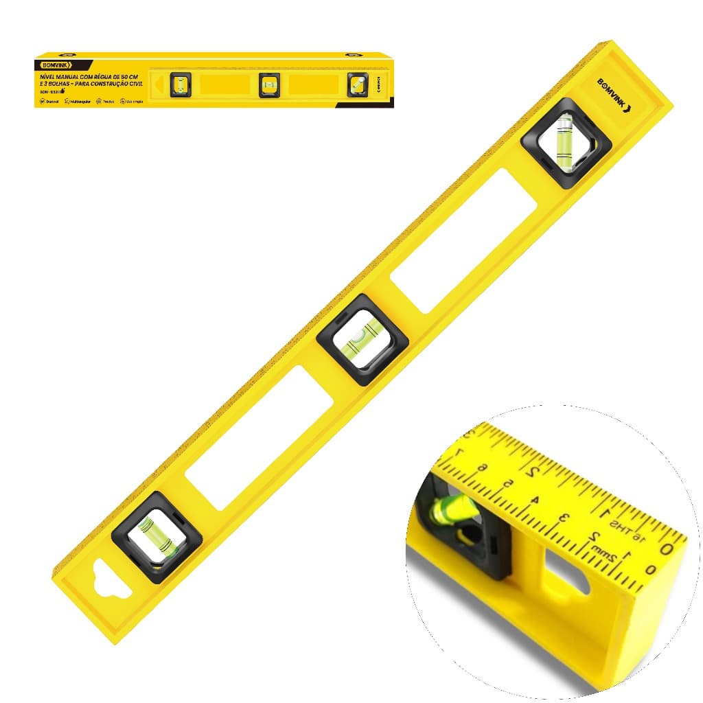 Nível Manual Preciso Durável 30/50/60cm 3 Bolhas Régua Integrada para Construção Civil DIY,Reparos