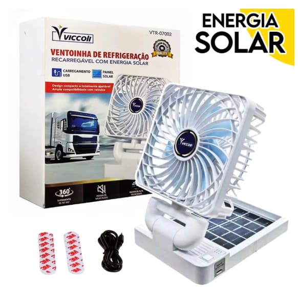 Ventilador Dobrável Portátil Vento Forte Carregamento Solar e USB Para Casa e Carro, 3 Velocidade