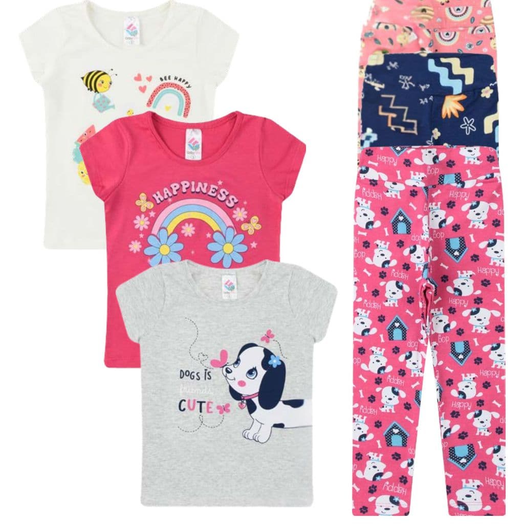 Kit 6 Peças Meia Estação -3 Blusas Manga Curta + 3 Legging Estampadas