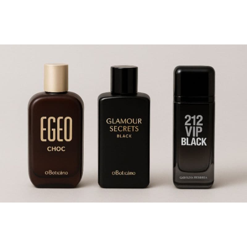 kit 3 Perfumes Inspiração Egeo Choc, Glamour Secrets,212vip black 30ml cada